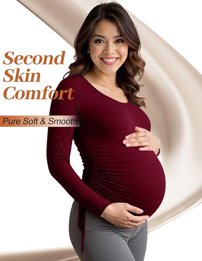 Fotociti Maternity Shirts Long Sleeve, Pregnancy Side Ruched Tops,Women’s Clothes for Mama Work Casual Yoga Wearing