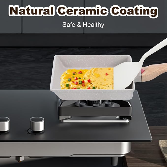 Japanese Omelette Pan, Tamagoyaki Egg Pan, Nonstick Frying Pan with Spatula, Healthy Granite Cookware, PFOS & PFOA Free, 6" x 7" (White)
