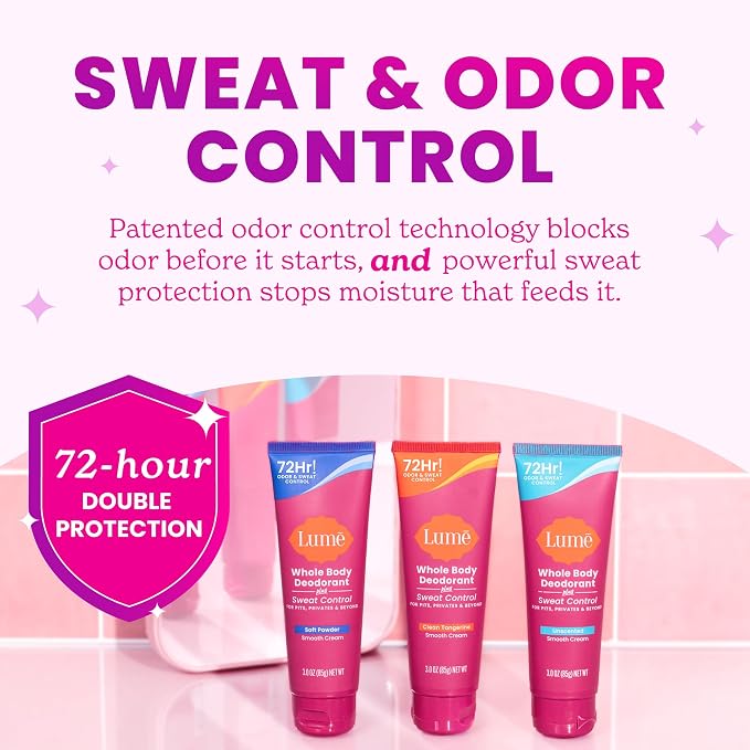 Lume Whole Body Deodorant Plus Sweat Control - Smooth Cream Tube - 72 Hour Odor And Sweat Control - Baking Soda Free, Skin Loving - 3.0 ounce (Soft Powder)