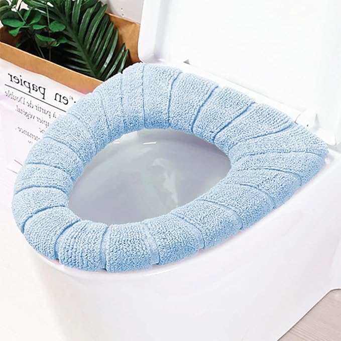 2 PCS Soft Thicker Plush Bathroom Toilet Seat Cover Pads Stretchable Washable Cloth Design for Universal Fit O/U/V/Rectangular Toilets (Blue)