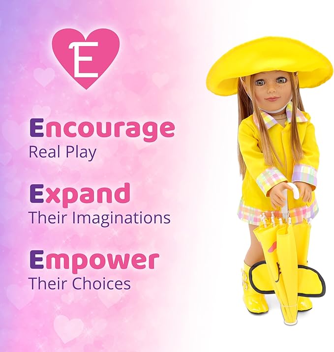 Playtime by Eimmie 18 Inch Doll Clothes and Accessories - Yellow Raincoat Set with Hat, Boots & Cat Face Umbrella - Clothing Sets & Stuff - Fits American, Generation & Other 18" Dolls for Girls