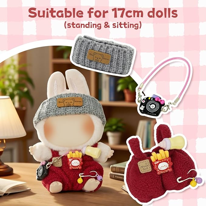 17cm Doll Clothes Set, 3-Piece Premium Velvet Outfit with Mix & Match Accessories, Easy-Dress Fashion for Collectible Display & Play (Doll Not Included, Red)