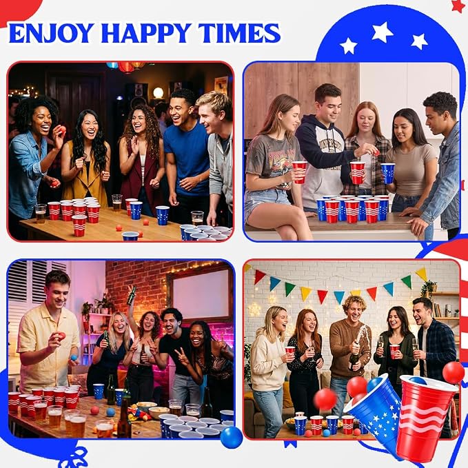 60 Pieces 4th of July Cup Pong Game Set 16 oz Red & Blue Patriotic Plastic Cups with 10 Red & Blue Balls for Independence Day Party Games, Backyard BBQ, Patriotic Decorations & Supplies