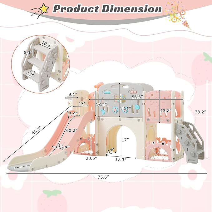 11in 1 Toddler Slide, Kid Slide for Toddlers Age 1-3 with Telescope, Basketball Hoop, and Telescope, Indoor Outdoor Playset Playground Pink Bei'ge