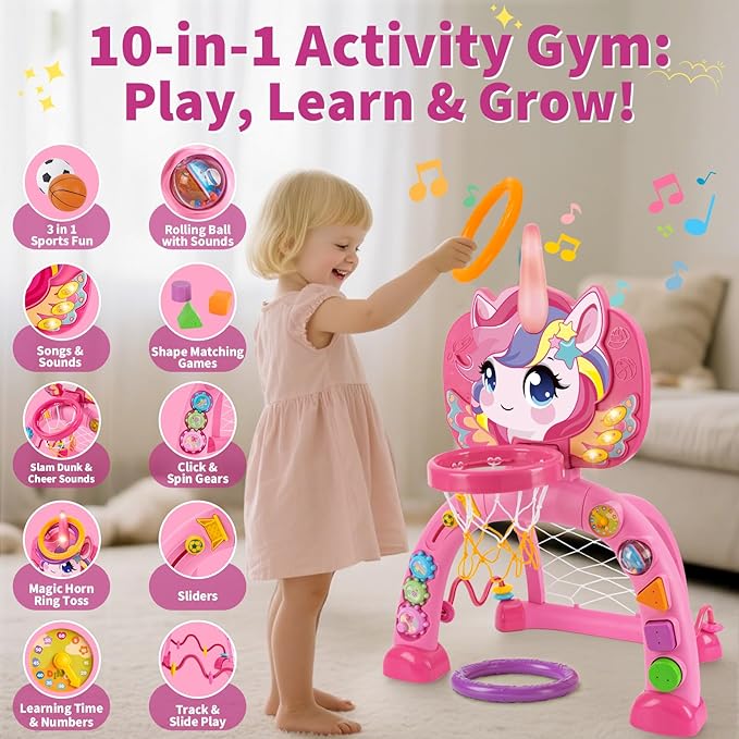 Toddler Basketball Hoop & Soccer Goal: Activity Center with Ring Toss – Unicorn Sports Play Set | Toys for Baby Toddlers 12-18 Months & Boys Girls Ages 1-3 | Indoor Outdoor Birthday
