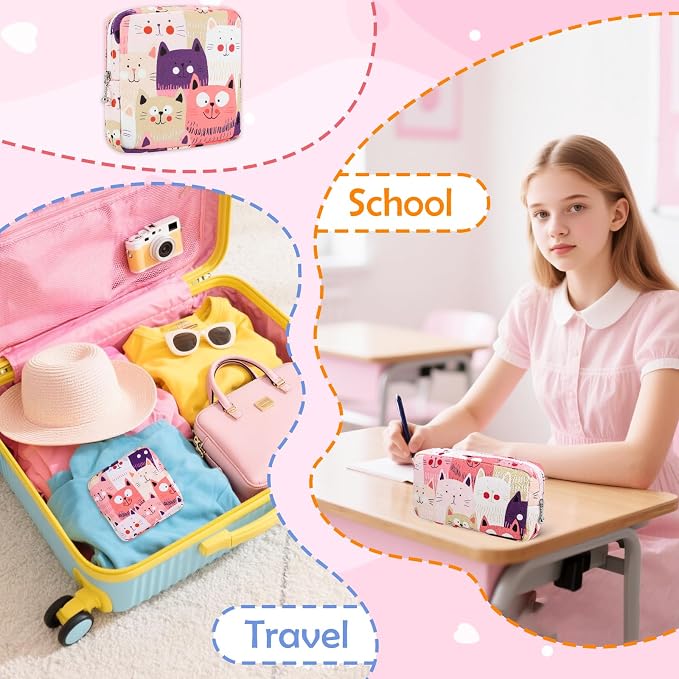 21 PCS First Period Starter Kit for Teen Girls Period Bags for Teen Tweens Girls with Sanitary Pad Storage Bag, Wipes, Menstrual Tracker, Disposal Pouches and More (Pink Cats)