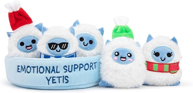 WHAT DO YOU MEME? Emotional Support Yetis by Relatable, Cuddly Stuffed Animals, Plushies, and Cute Stuff, Great Gift Ideas for Loved Ones of All Ages, Includes 5 Plushies with Carrying Basket