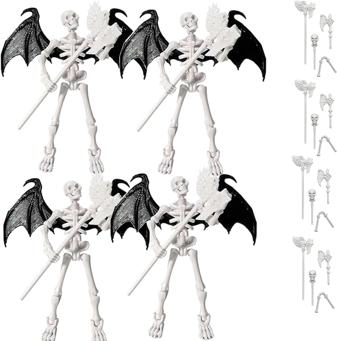 T13 Skeleton Warrior Action Figure – 5.12" Movable Articulated Human Skeleton Model with Accessory, Collectible Anime & Game Character for Display, Paintable Desktop Decor (4pcs)