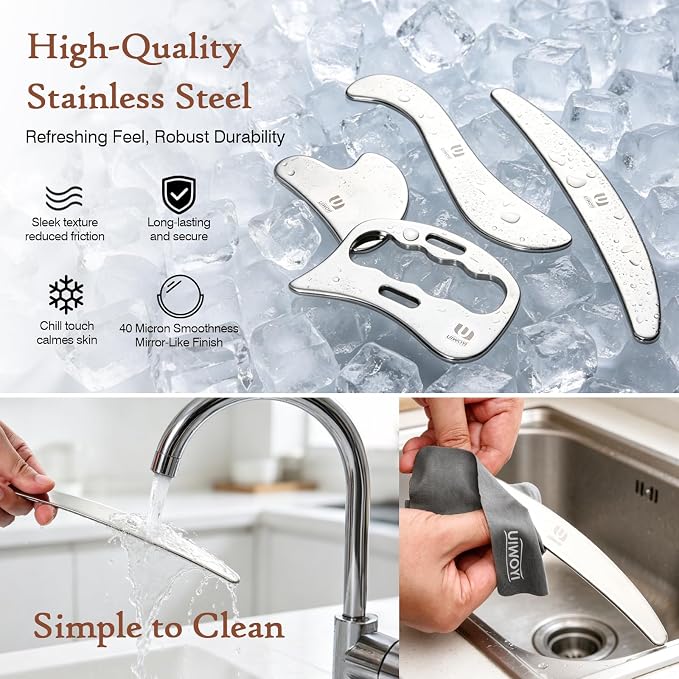 5 in 1 304 Stainless Steel Gua Sha Tools Set, Premium Facial & Full Body Scraping Massage Kit with Zinc Alloy Eye Massage Roller and Storage Pouch for Home Gym Daily Self Care