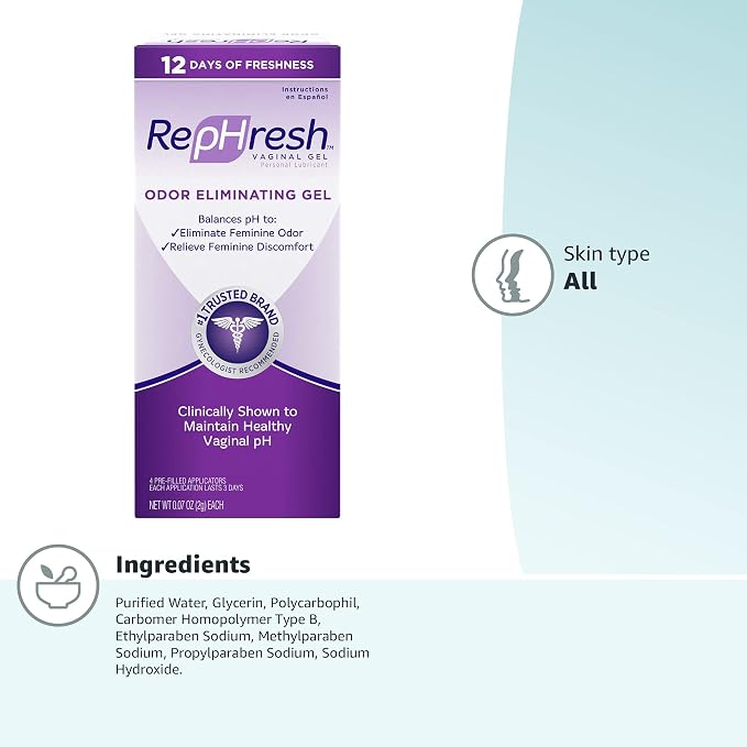 Rephresh Odor Eliminating Vaginal Gel, Fragrance Free, Balances Vaginal pH, Odor Control Up to 3 Days, 4 Pre-Filled Applicators (Pack of 2)