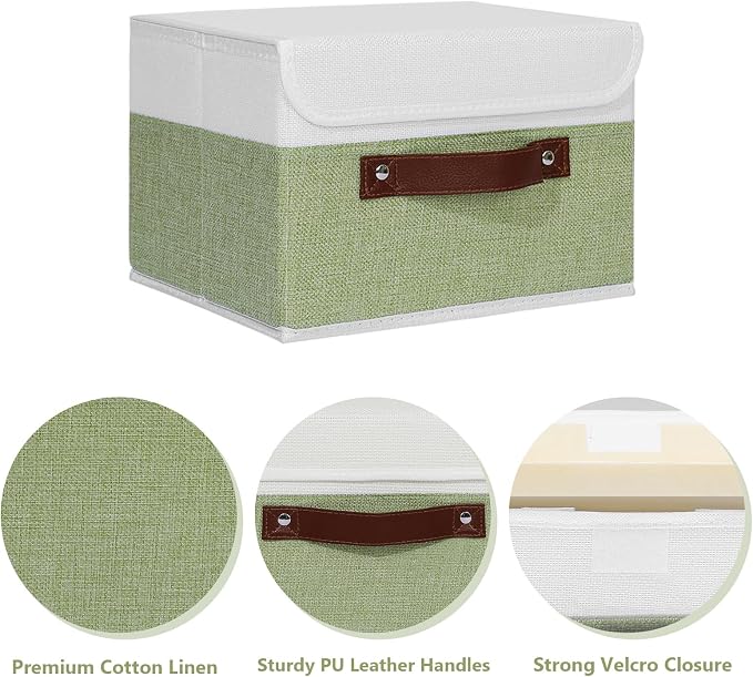 ANMINY Fabric Storage Box Bins with Lids, Green White, 10"x8"x7", 2 Pack | Keepsake Memory Storage, Cotton Linen, PP Board Reinforced, Washable, PU Handles, Foldable & Stackable, Decorative, Small
