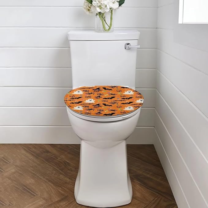 Toilet Seat Cover, Machine Washable Reusable Toilet Lid Cover, Bathroom Decorative Flannel Soft Toilet Lid Cover-Halloween Ghost Pumpkins