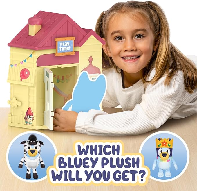 Bluey Play Date Plush Surprise, Decorate House with Stickers, Attach The Play Time Sign, Then Open The Door for a Surprise Plush to Appear, Plush Style May Vary