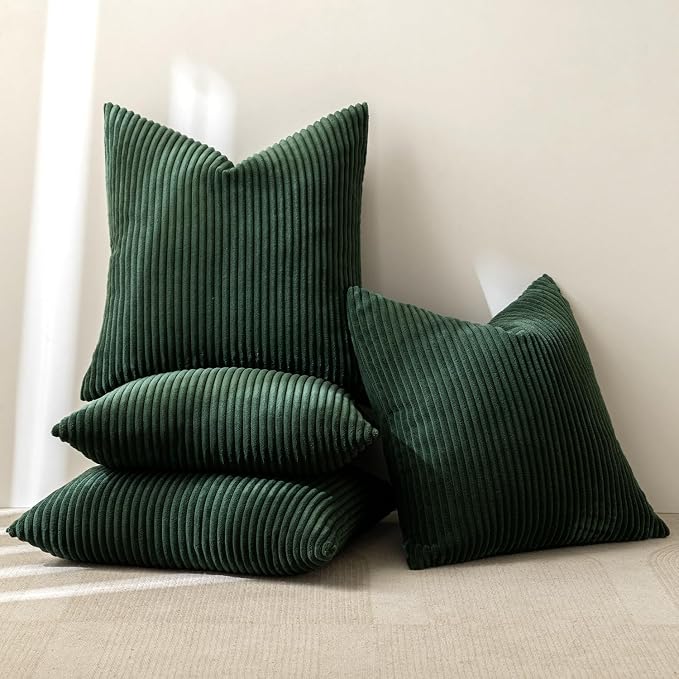 MIULEE Soft Corduroy Decorative Throw Pillow Covers Army Green 18x18 | Set of 4, Mordern Nordic Christmas Decor, All Same Color Set, Boho Farmhouse Cushion Covers for Couch Bed Sofa Living Room