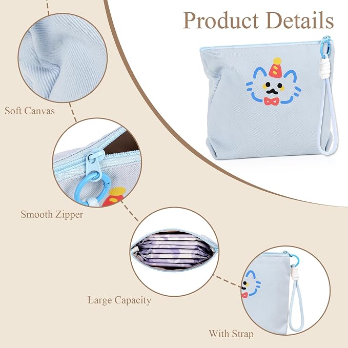 Canvas Period Pouch Soft First Period Kit Bag Small Discreet Menstrual Cup Pad Pouch Cute Sanitary Napkin Storage Bag Tampon Holder Multi-purpose Feminine Bag Blue