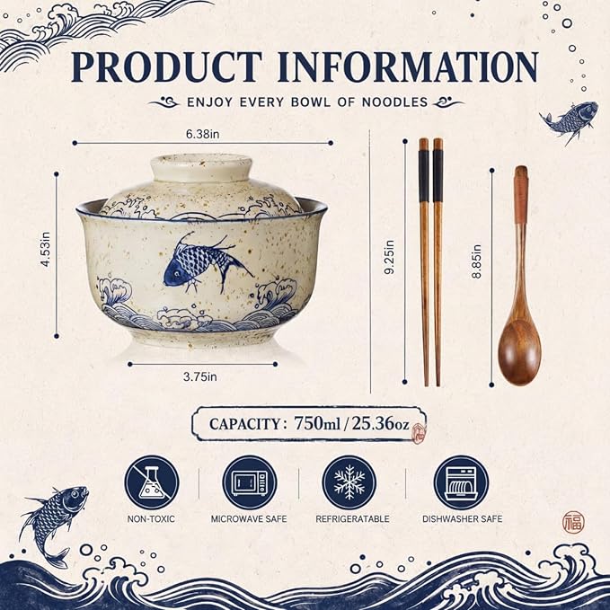LemonRoad 4 Pack 25oz Japanese Dinnerware Set Ceramic Ramen Bowl with Lid Microwavable with Chopsticks and Spoon Korean Soup Bowl Clay Pot for Noodle Rice Porridge(Fish)