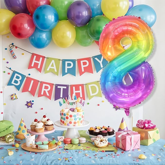 Foil 8 Balloon, Pastel Rainbow Number 8 Balloons for Boys Birthday Party Decor, 40'' Mylar Helium Self Inflating Colorful Multicolor Number 8 Balloon for Kids 8th Birthday Party Anniversary Decoration
