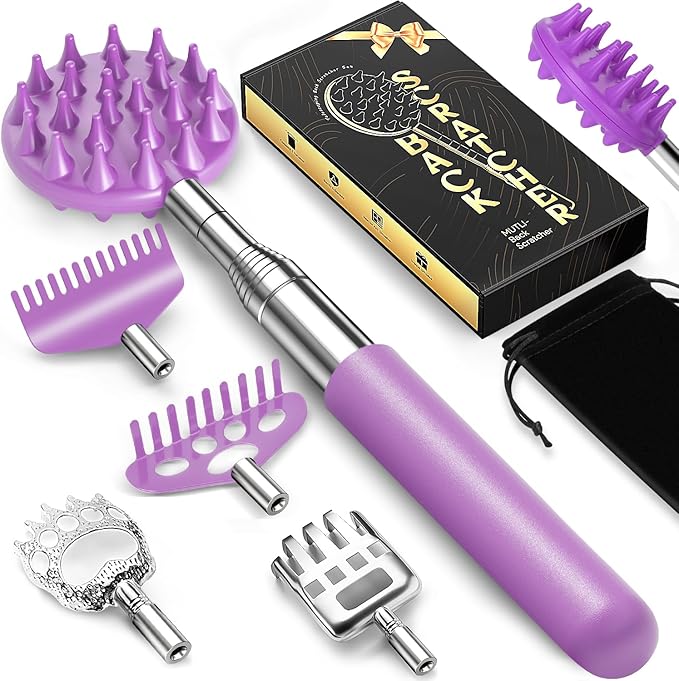 TUKUOS Telescoping Back Scratcher with 5 Detachable Scratching Heads, Valentines Day Gifts for Him Men, Anniversary Birthday Gifts for Men Women Back Scratcher for Men/Dad/Women/Adults - Purple
