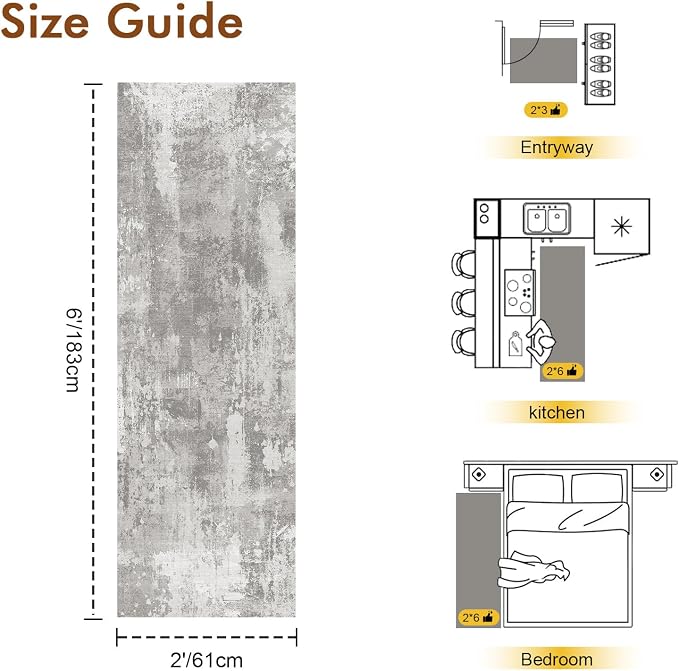 2x6 Ft Washable Runner Rug, Non-Slip Low Pile Hallway Kitchen Area Rug, Soft Long Entryway Floor Mat Abstract Pattern Carpet for Bedside & High-Traffic Areas (Light Grey)