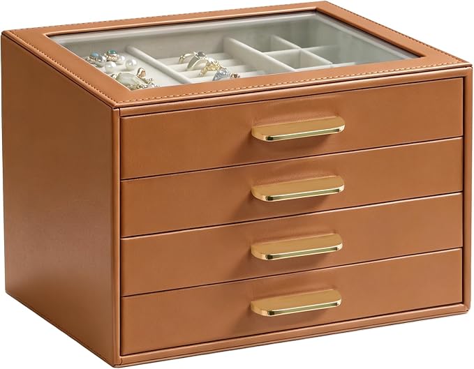 Homeanda Jewelry Boxes Organizer with Glass Lid, 4-Layer PU Leather, Brown | Modern style display case with 4 drawers for daily jewelry, women, mom or girl gift