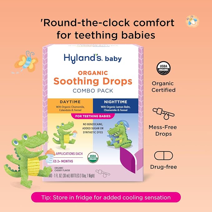 Hyland's Baby Drops Day & Night Combo Pack - 1 oz, 2-Count, Organic Cherry Flavor - Daytime and Nighttime Oral Discomfort Drops for Teething Babies