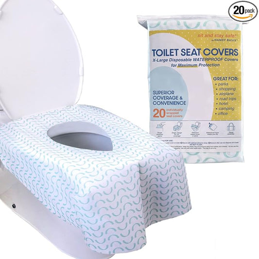 XL Full Coverage Disposable Toilet Seat Covers for Kids, Adults & Potty Training, Waterproof, 20 Pcs - Single Wrapped (Curves)