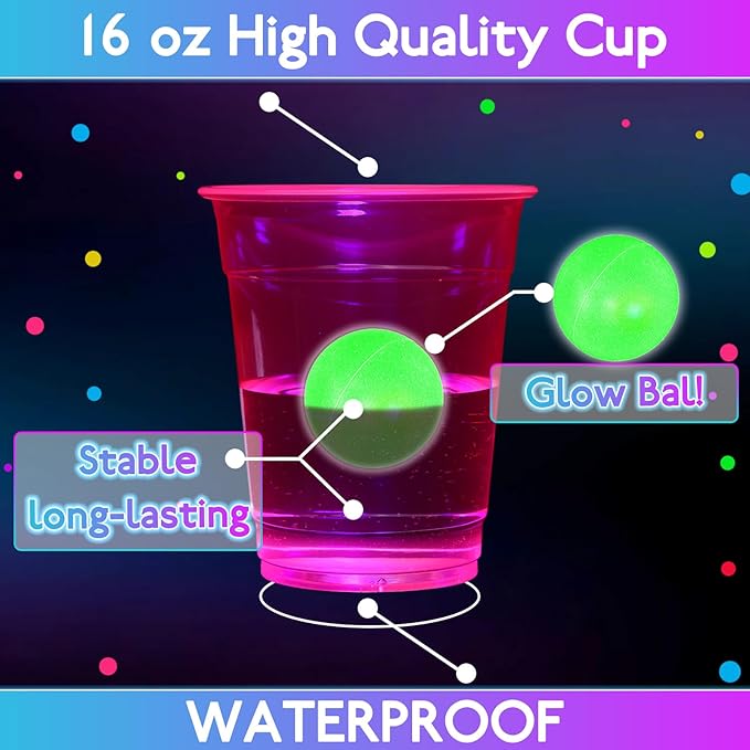 32 Pcs Glow in The Dark Party Table Tennis Game Set Include 24 Pcs Glowing Plastic Cups and 8 Balls for Indoor Outdoor Party Event Birthdays Weddings BBQ Parties