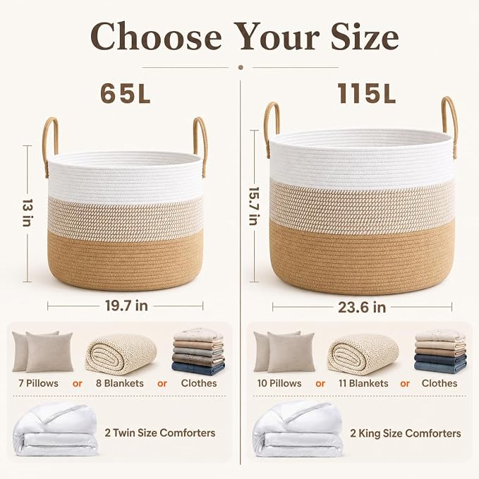 JMvicyroam 65L Extra Large Machine Washable Cotton Rope Blanket Basket | Collapsible laundry hamper, Reinforced handles, For blankets,pillows,toys and clothes, Living room and bedroom,White&Jute Mix