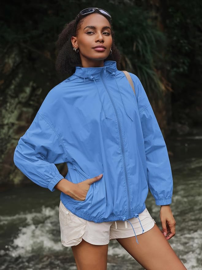 Yousify Womens Waterproof Rain Jackets Lightweight Zip Up Raincoat Outdoor Hiking Hooded Windbreaker with Pocket