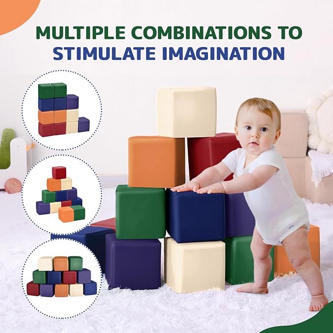 Foam Building Blocks for Kids: 12-Pieces PU Leather Colorful Foam Blocks - Building Toys for Toddler - Giant Stacking Blocks Toys - Soft Indoor Playset for Birthday Gift Preschool Learning (Classic)
