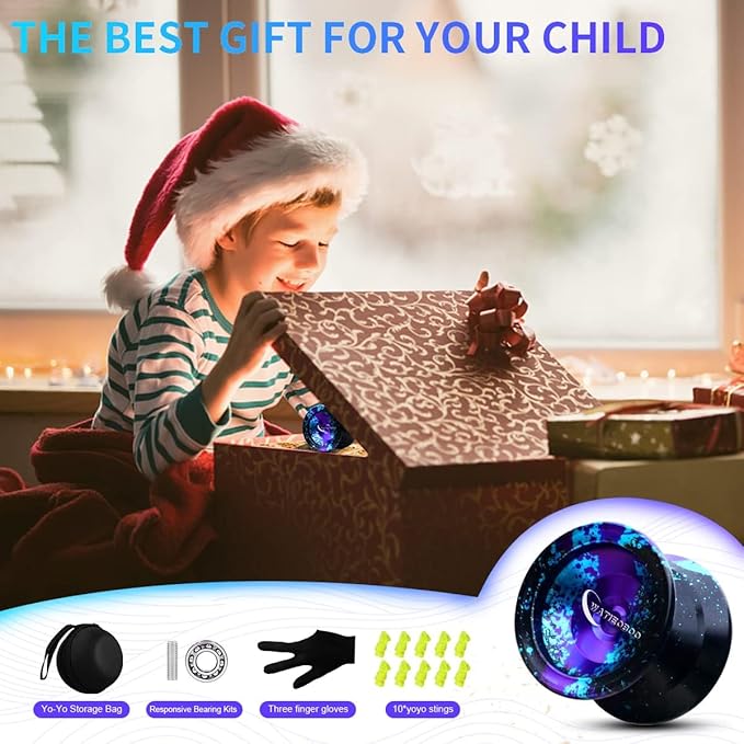 WATIEOBOO Professional Metal Responsive Yoyo for Kids & Adults, Unresponsive Bearing, Glove & 10 Yoyo Strings (Black, Blue, Purple)