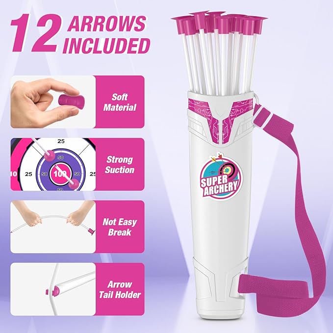 Bow and Arrow for Kids 4-6, LED Light Up Archery Set with 12 Suction Cup Arrows, 1 Standing Target, 3 Score Targets&1 Quiver, Indoor Outdoor Sport for Boys Girls Ages 8-12, Purple