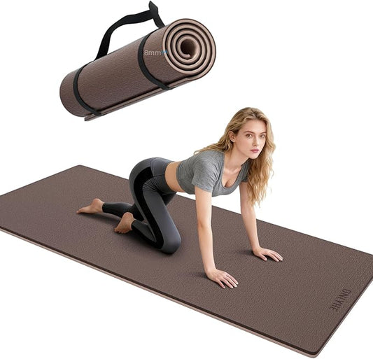 Yoga Mat Thick（8mm）Exercise Mat Non Slip Anti-tear,Pilates Mat for Men and Women,Workout Mats for Home,Barefoot Workouts and Floor Exercise,with Carrier Strap(71"x 24" ) (Light coffee + apricot)