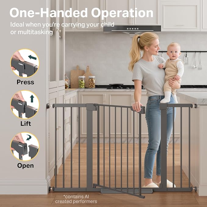 Cumbor 30-51.5" Extra Wide Baby Gate for Stairs, Pressure Mounted Dog Gate Indoor with Self-Closing Walk Through Door, Mom's Choice Award Winner, Child Safety Double-Lock, Cool Gray