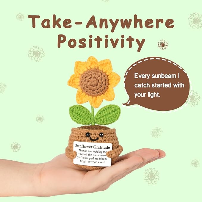 Mini Funny Crochet Sunflower Gift – Handmade Inspirational Emotional Support Plushie for Women, Men, Friends, Coworkers, Teachers – Uplifting Encouragement Gift for Birthday, Graduation, Christmas