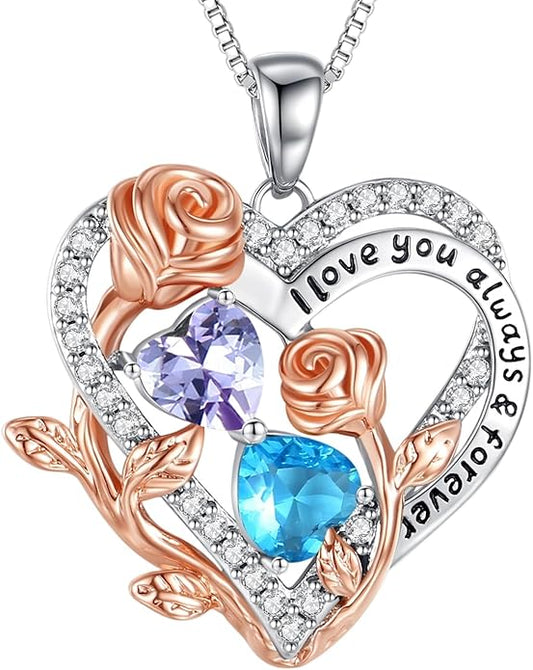 I Love You Birthstone Necklace, 925 Sterling Silver Heart Pendant with CZ Diamond Stones, Birthday Gifts for Women, Romantic Gift for Wife, Girlfriend, Her, Anniversary, Valentine's Day, Christmas