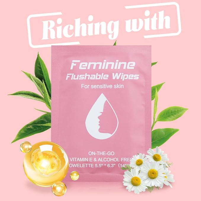 twoworld 50 Feminine Wipes Flushable Travel Individually Wrapped | Travel Wipes for Women,Feminine Care Wet Wipes Travel Size Vaginal Wipes for Adult,Girl and Homeless(Chamomile)