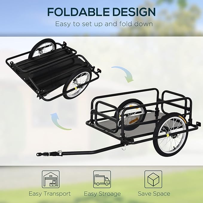 Aosom Bike Trailer, Foldable Bicycle Trailer with16 Inch Pneumatic Tire, Universal Coupler, Foldable Frame and Safe Reflectors Design, Large Load Capacity, Black