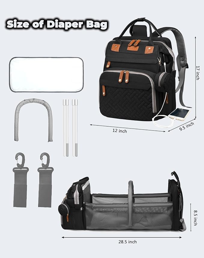 Astro alan Baby Diaper Bag with Changing Station, Waterproof Diaper Bag Backpack for Moms Dads with USB Charging Port, Baby Shower Gifts, Large Capacity diaper backpack, Black