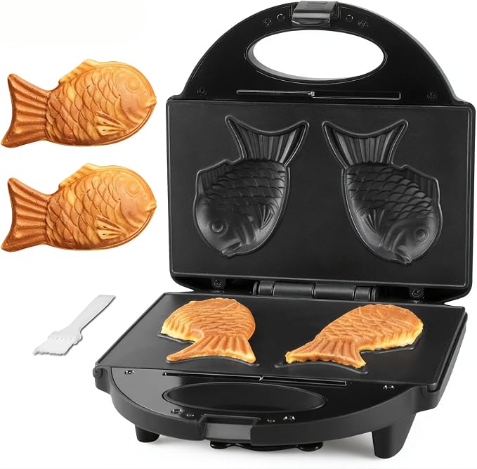 FineMade Taiyaki Fish Waffle Maker Machine with Non Stick Cooking Plate, Electric Japanese Fish Shaped Waffle Iron Pan, Korean Bungeoppang Pan, Recipe Included