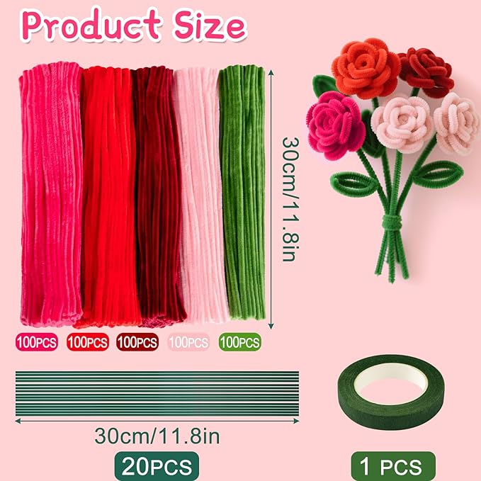 ASTARON 521 Pcs Pipe Cleaners Craft Set, 5 Colors Pipe Cleaners Bulk Pastel Chenille Stems for Craft Pipe Cleaner Flowers Making Kit with Floral Wires, Gardening Tape (Red Pink Series)