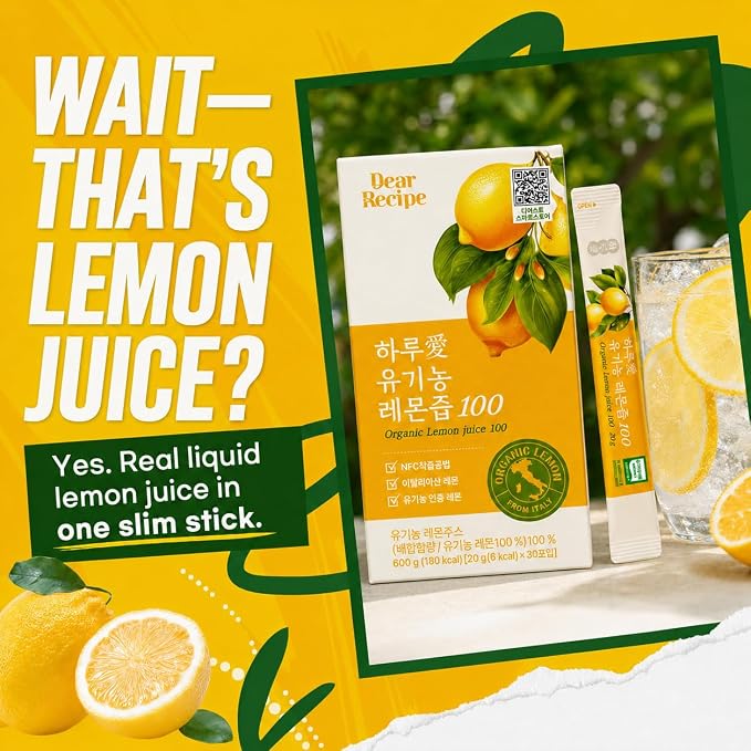 [30 Sticks] Organic 100% Pure NFC Whole Lemon Juice Sticks – 20g Each – Italian Lemon, Cold Pressed, Product of Korea, Non-GMO, No Sugar Added