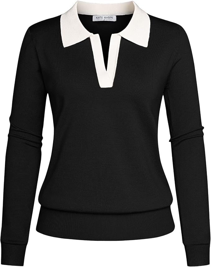 Women's Long Sleeve Classic V Neck Casual Fall Winter Polo Sweater Tops | Basic Collared Knitted Fashion Work Business Formal Daily Wear Versatile Pullover Shirts