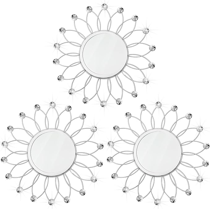 3 Pack Metal Mirrors for Wall Sunburst Wall Mirrors Home Décor Decorative Hanging Wall Art for Living Room Bedroom Entryway (Silver Crystal, Flowers)