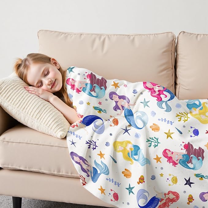Wajade Kids Mermaid Blanket for Girls Soft Fleece Blanket for Couch Sofa Bedroom Mermaid Marine Life Throw Blanket for Kids Teens 60"x80"