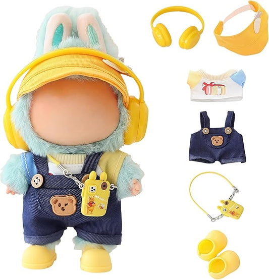 Clothes for Dolls Accessories, Stylish Kawaii Overalls Outfit Headphones Set 6 Pieces Suitable for 15cm 17cm Doll , Doll Hat Headset Boots Clothing Set Replacement