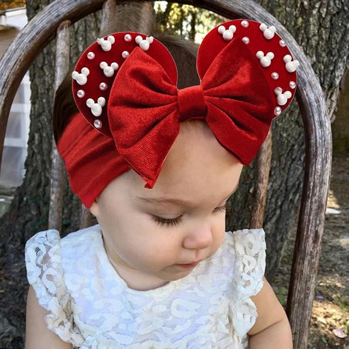 JIAHANG Baby Girl Red Velvet Mouse Ears Turban Headwrap with Beads, Wide Velour Hairband for Baby Girls, Toddler, Kids, Party Supplie