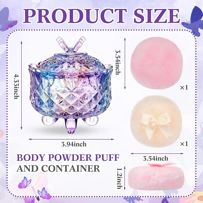 Tioncy 3 Pcs Large Body Powder Puff and Container Powder Container with Puff Crystal Case Soft Washable Reusable Velour Face Body Glitter Wet Dry Makeup Gift(Butterfly, Pastel)