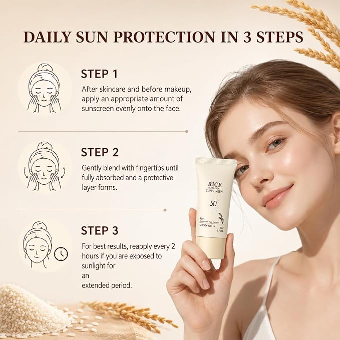 2PCS Rice Face Moisturizing with Spf50+, New Rice Ultra-Light Sunscreen, Rice Sunscreen Mineral Formula, Effectively Protects Against UV Rays, Waterproof and Non-Whitening, Suitable for all Skin Types