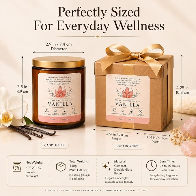 Vanilla Soy Candle with Crystal 7oz Scented Candles Aromatherapy Candle | Up to 40 Hours Burning Time | 100% Natural Soy Wax Jar Candle for Home Yoga | Gift Crystal Candle for Women